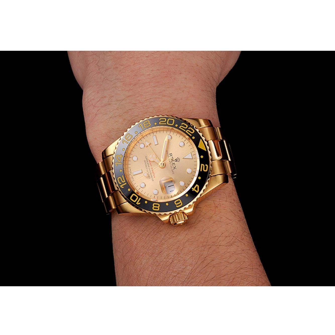 MiroTime 0714 Swiss Rolex GMT Master II Gold Dial Black Bezel Gold Case And Bracelet 1453749